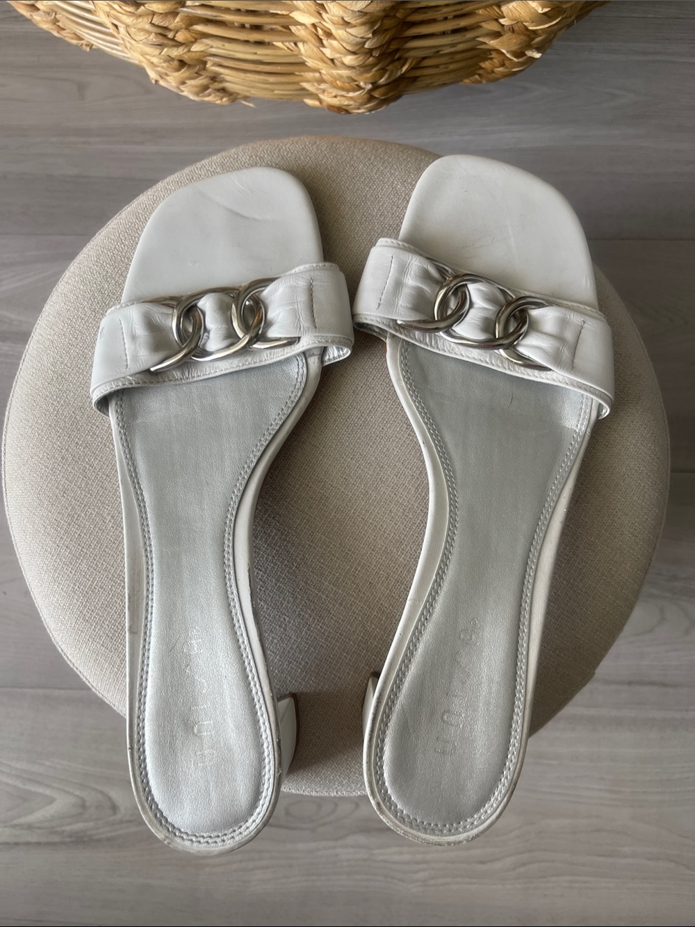 Unisa White Slide Mules with Silver Chain Detail